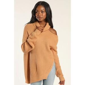 Lulus Bring The Warmth Tan Knit Cutout Turtleneck Sweater Beige - Size M
